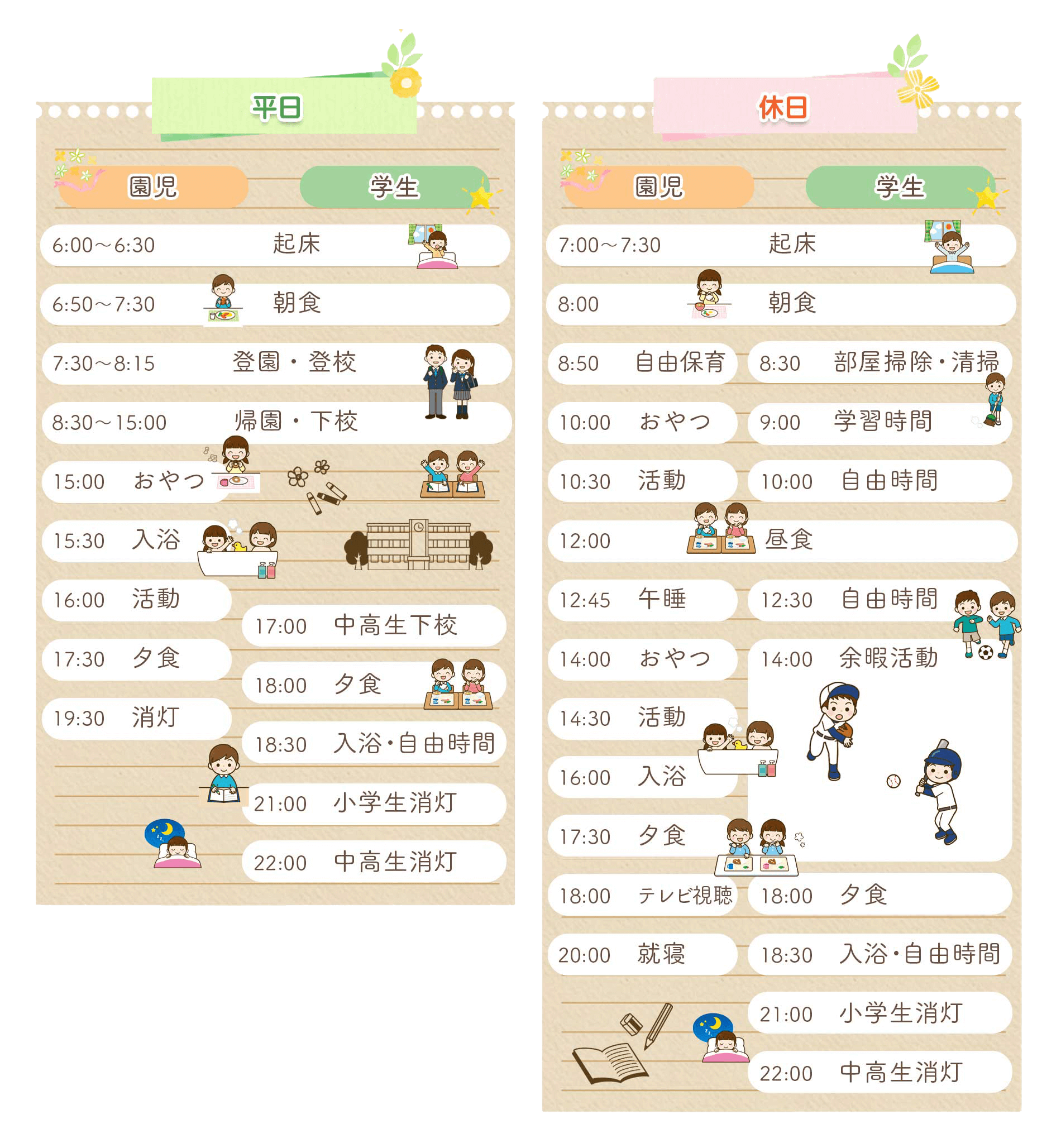 平日・休日 園児と学生の1日の流れ