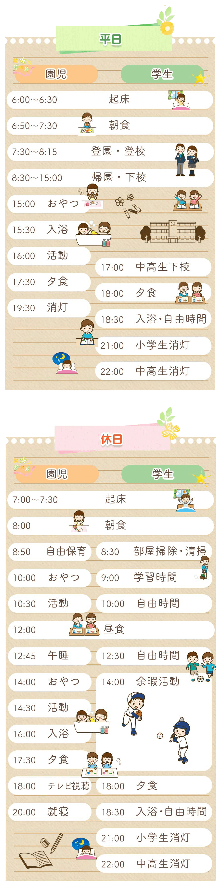 平日・休日 園児と学生の1日の流れ